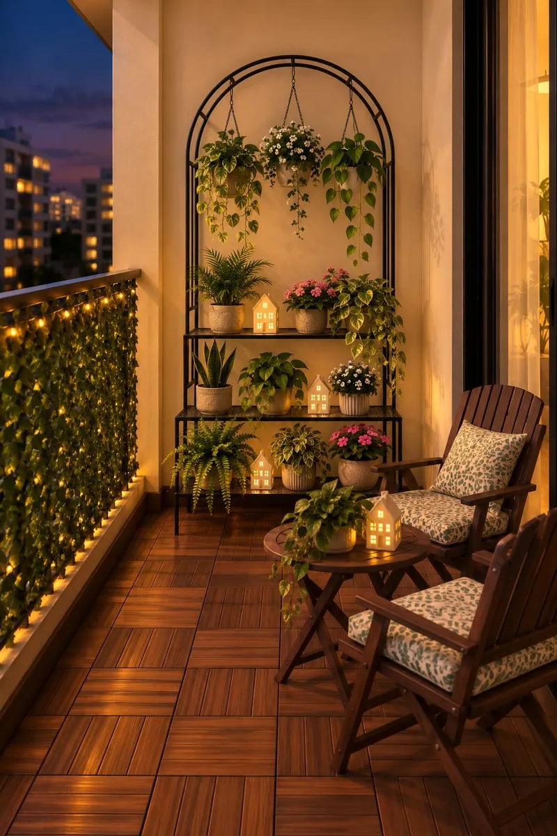 Balcony with wooden deck tiles, ivy railing screen with fairy lights, a metal plant stand, and a folding wooden chair and table set