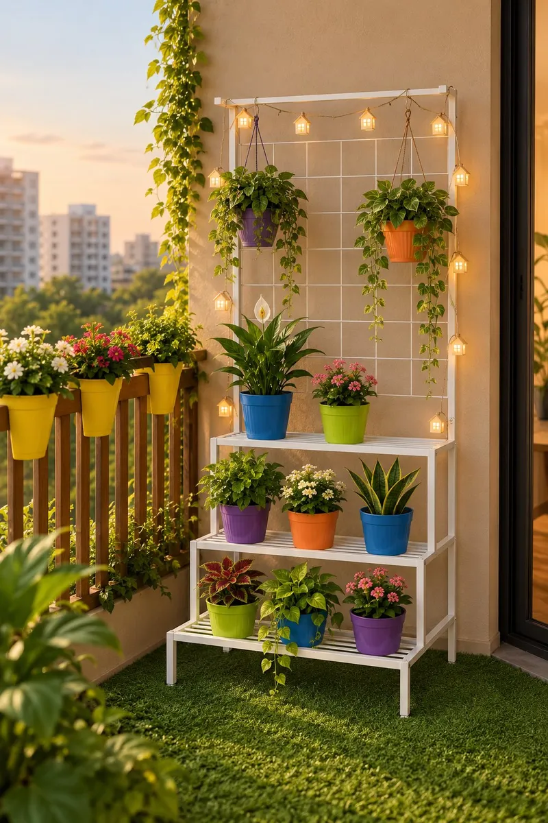 Sunlit balcony with yellow railing planters, a white tiered plant stand with colourful pots, house string lights and an artificial grass floor