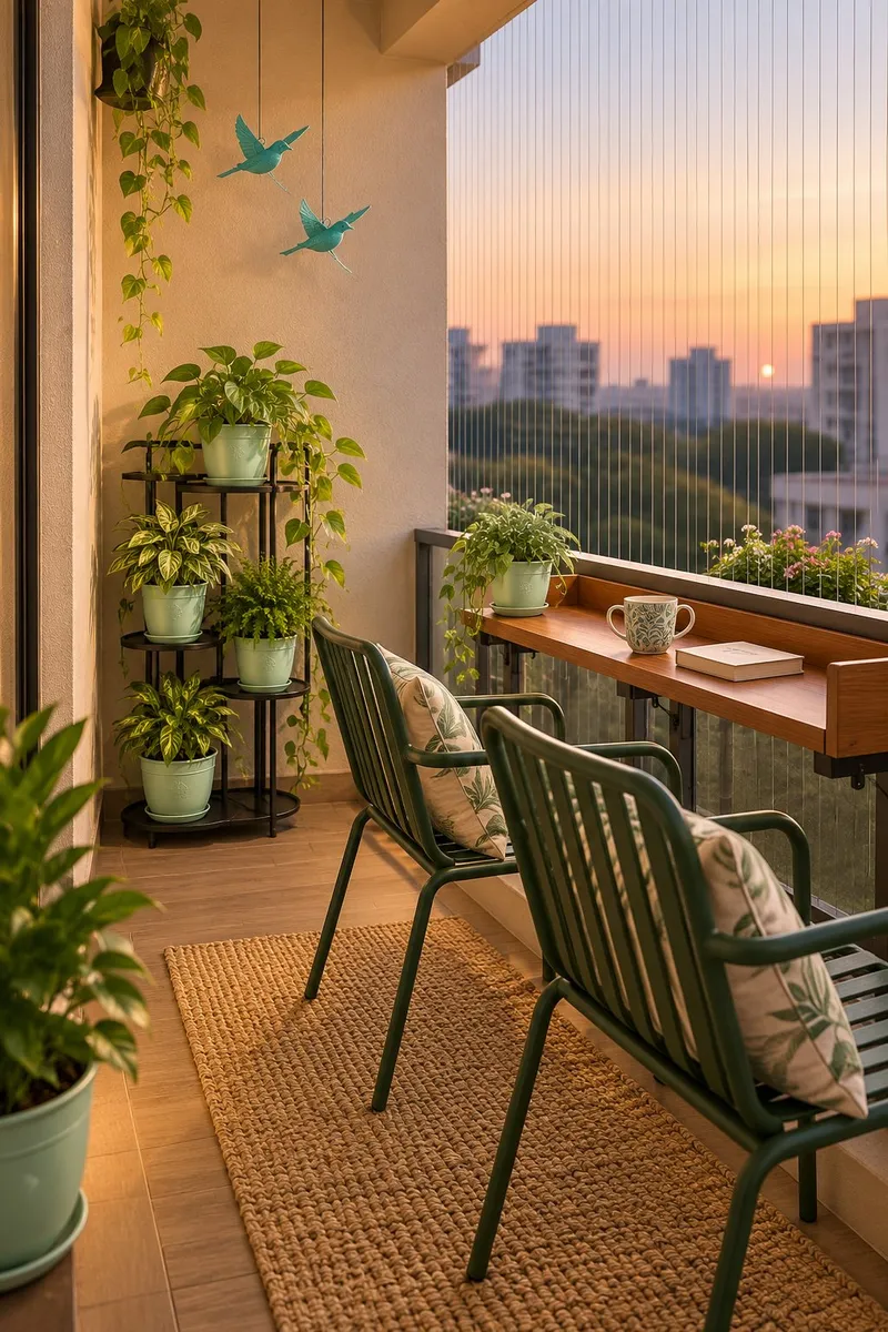 Narrow balcony at sunset with green metal chairs, a wooden railing table, a black plant stand with mint green pots and hanging teal birds
