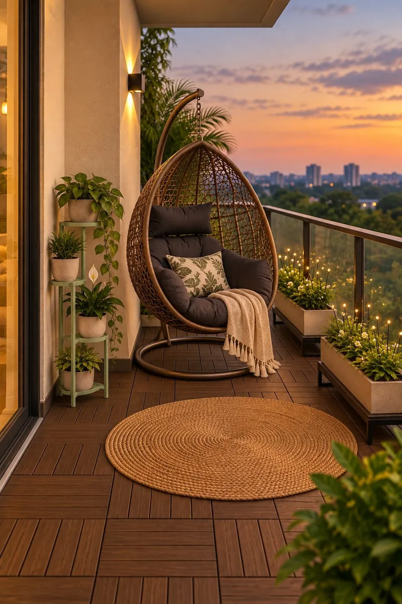 Balcony at sunset with a rattan hanging swing chair, a sage green plant stand, planter boxes on metal stands and a round jute rug