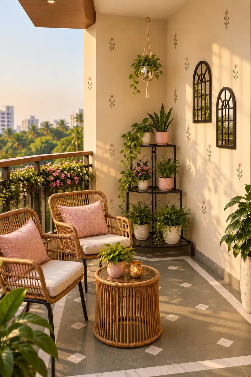 Balcony with stencilled pink flowers on the walls, arched window mirrors, a black corner plant stand with pink and white pots, a macrame hanging planter and rattan chairs with a round table