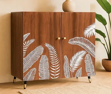 Wooden sideboard with white leaf print