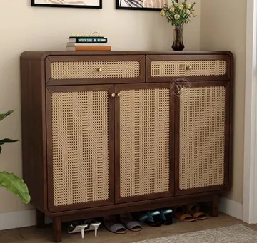 Cane and wood shoe cabinet
