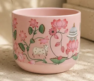 Pink lotus print ceramic planter