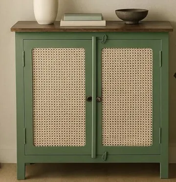 Green cane-front cabinet with wooden top