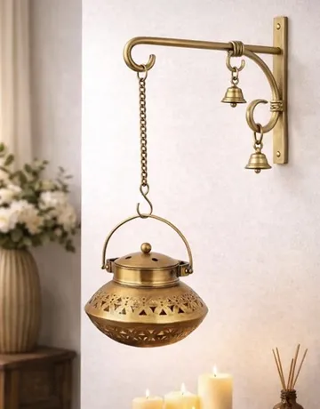 Hanging brass lantern with bell bracket