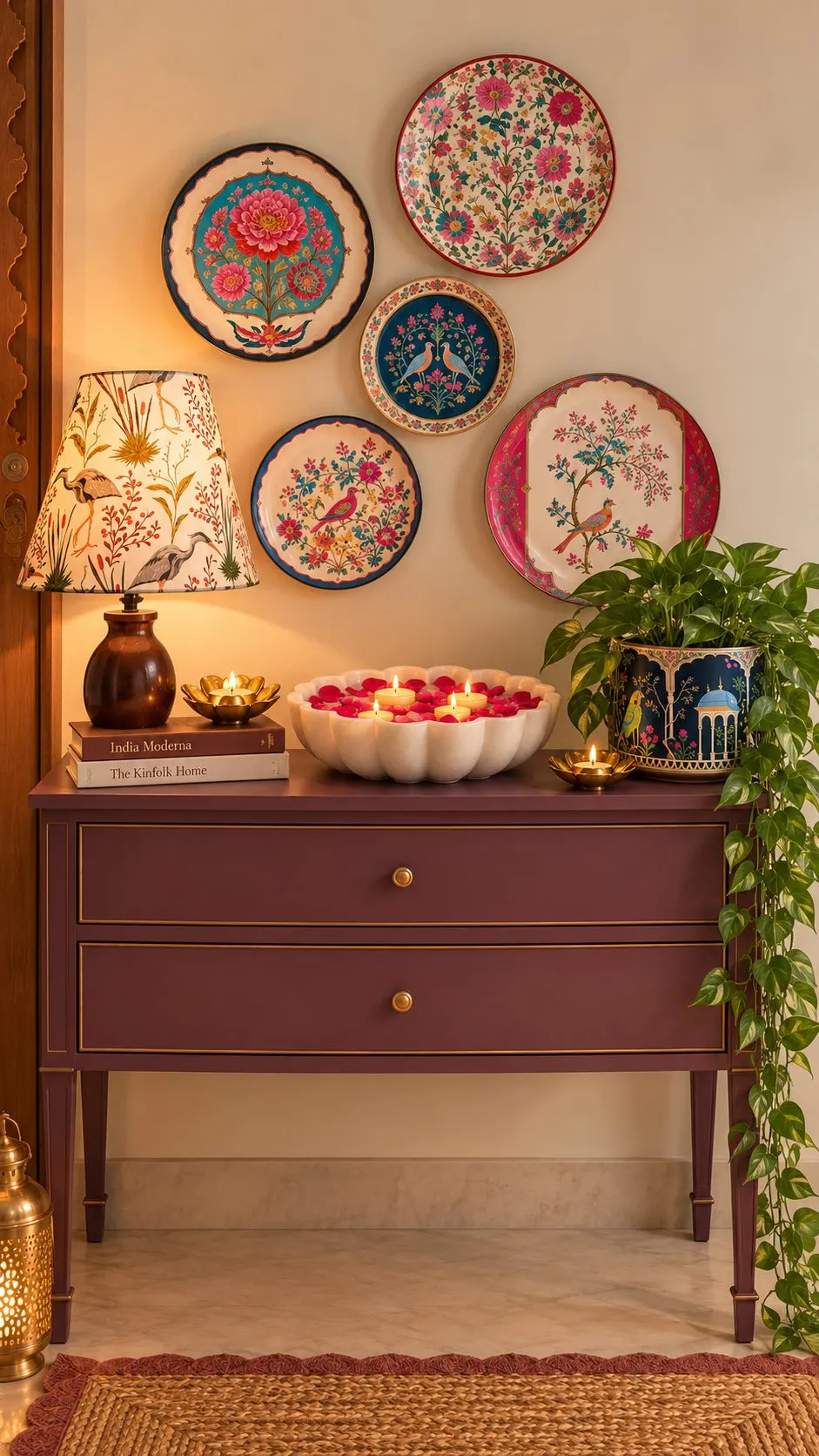 Entryway styled with a mauve console table, a plate wall, a printed lamp, a marble urli and two plants