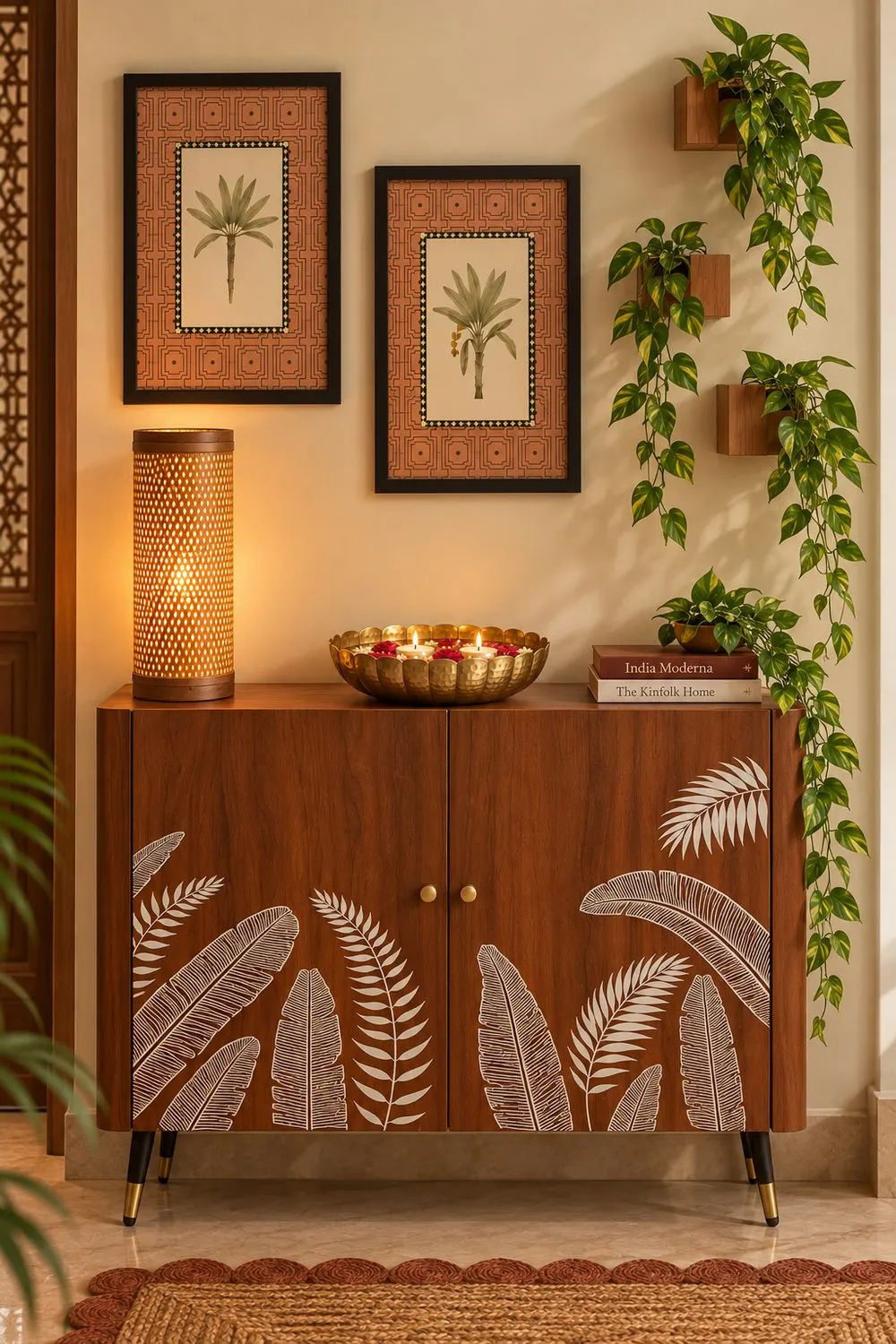 Entryway with a leaf-print wooden sideboard, framed palm prints, a bamboo lamp, a brass urli and wall-mounted money plants