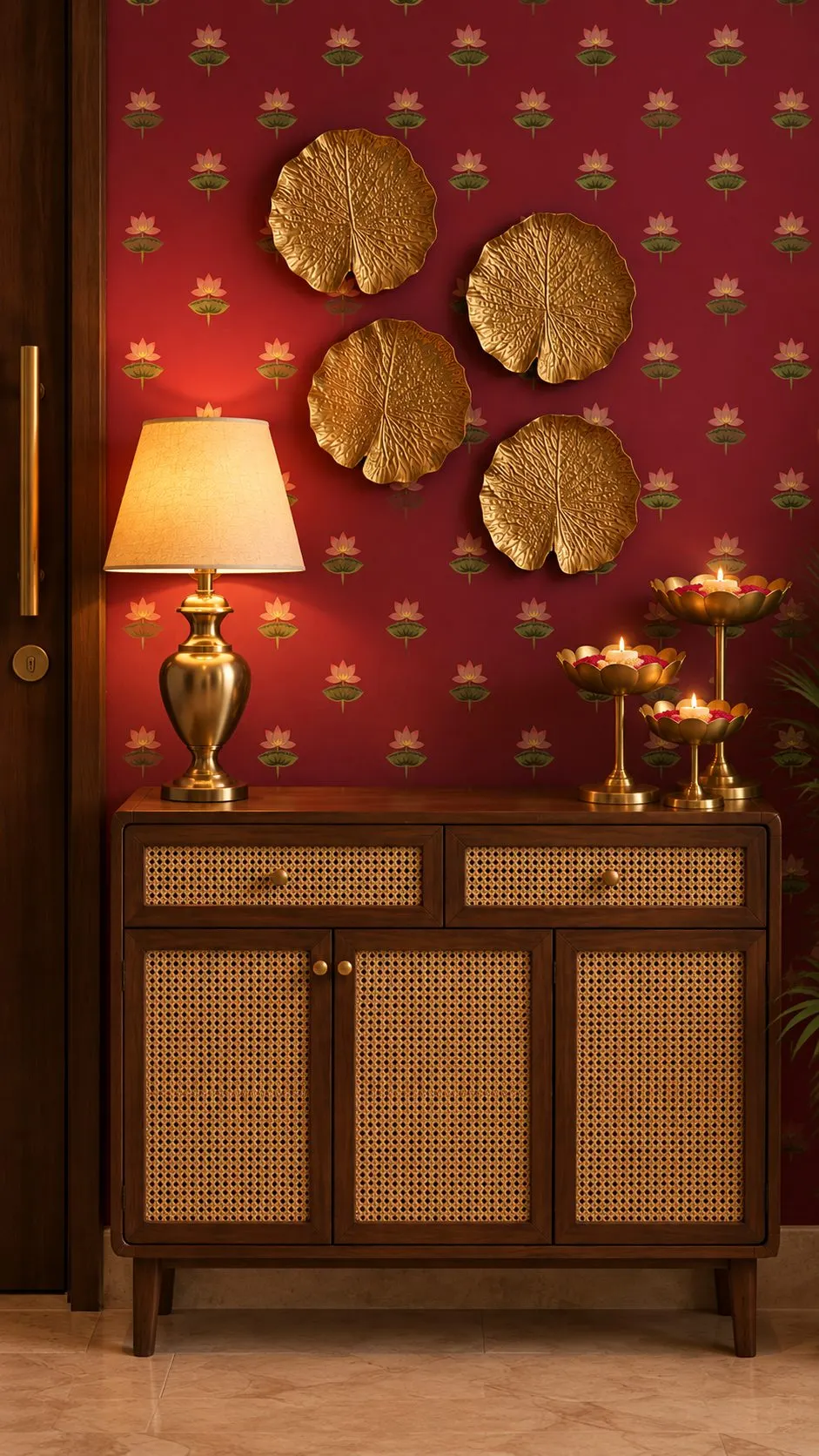 Entryway with lotus-print wallpaper, gold leaf wall plates, a brass lamp, cane shoe cabinet and pedestal urli stands