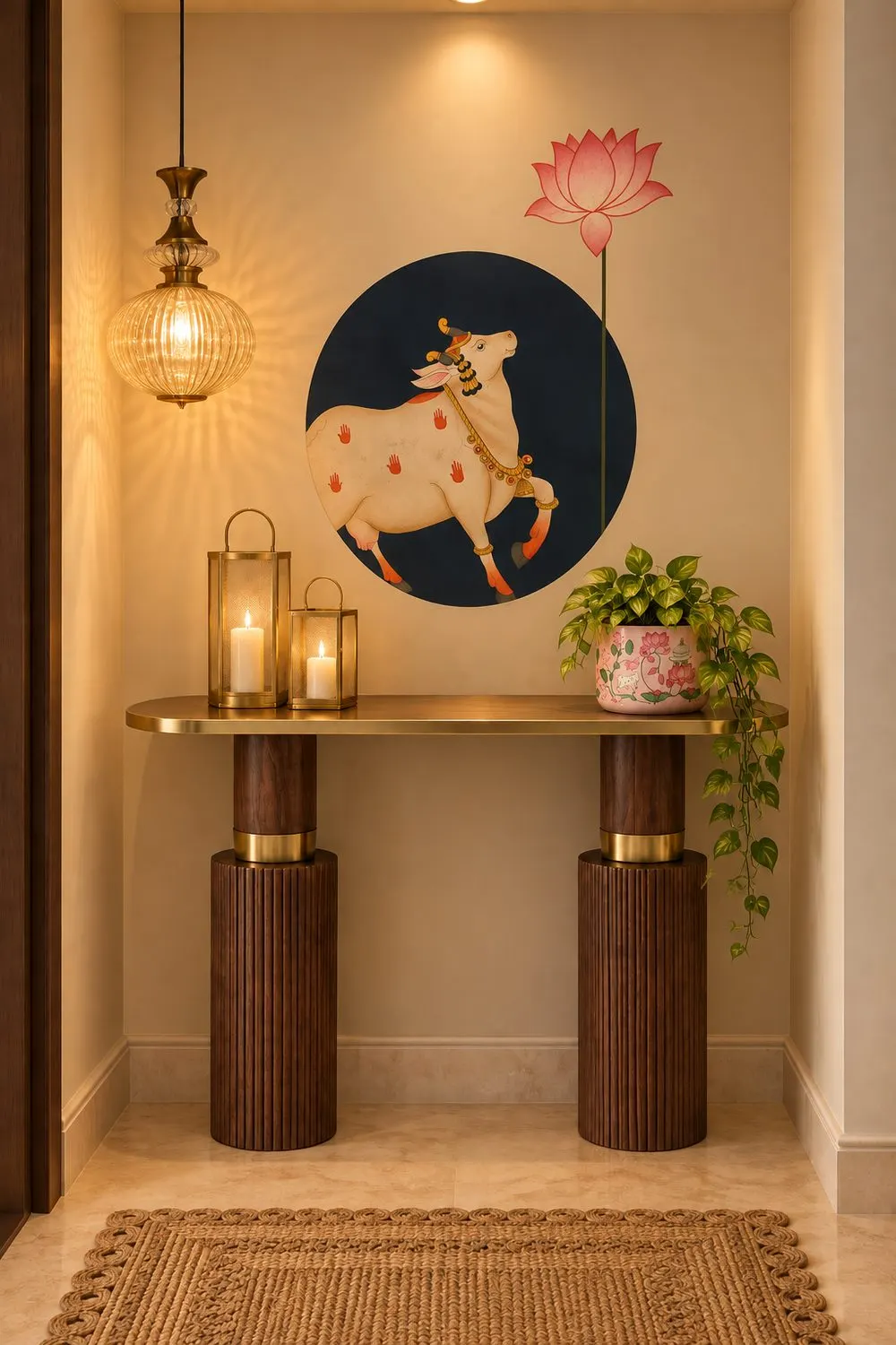 Entryway niche with a pichwai cow wall art, brass-top console table, glass pendant light, lotus planter and gold lanterns