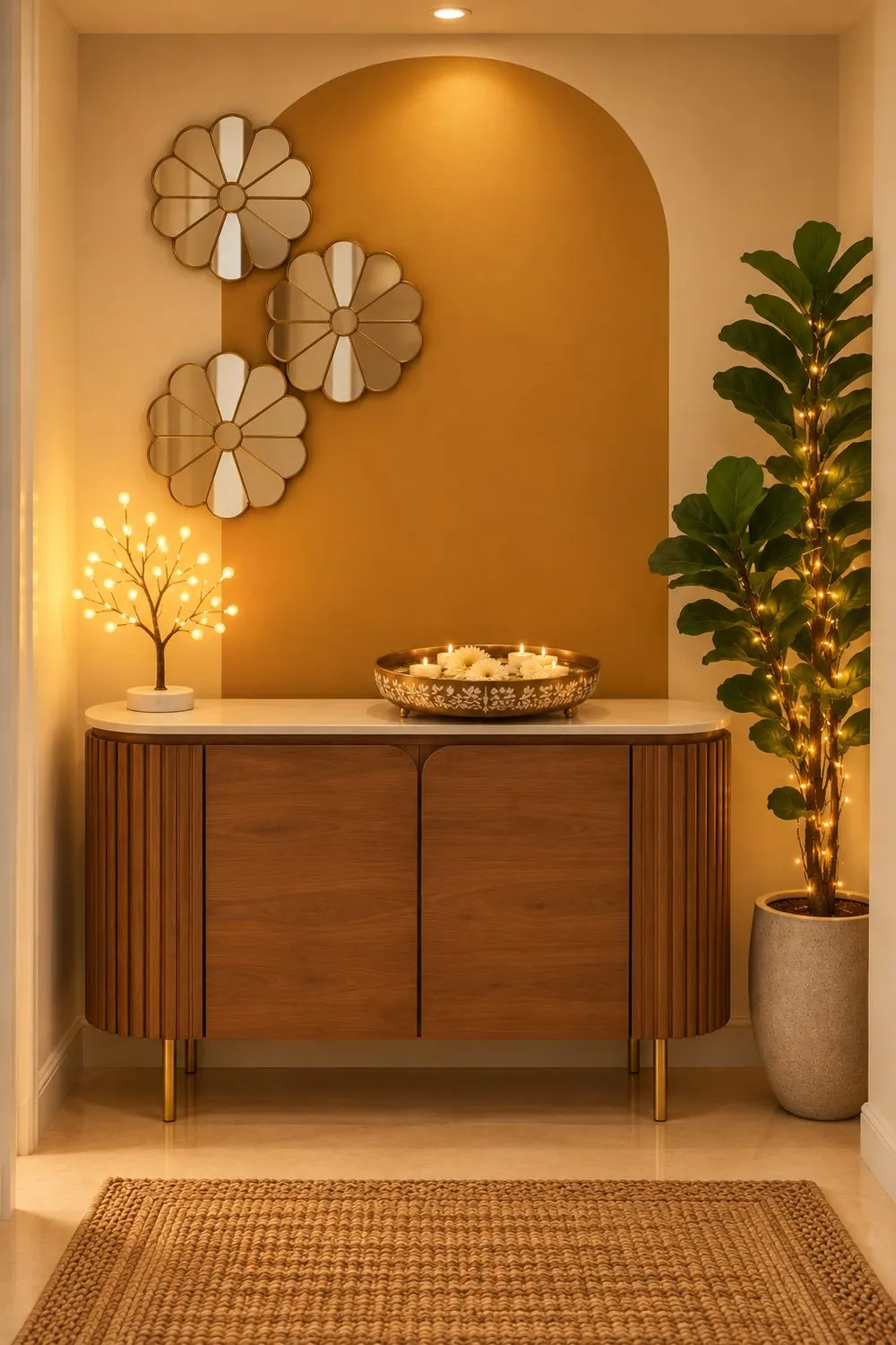 Entryway with a mustard arch wall, flower mirrors, a fluted sideboard, LED tree lamp and a lit fiddle leaf fig
