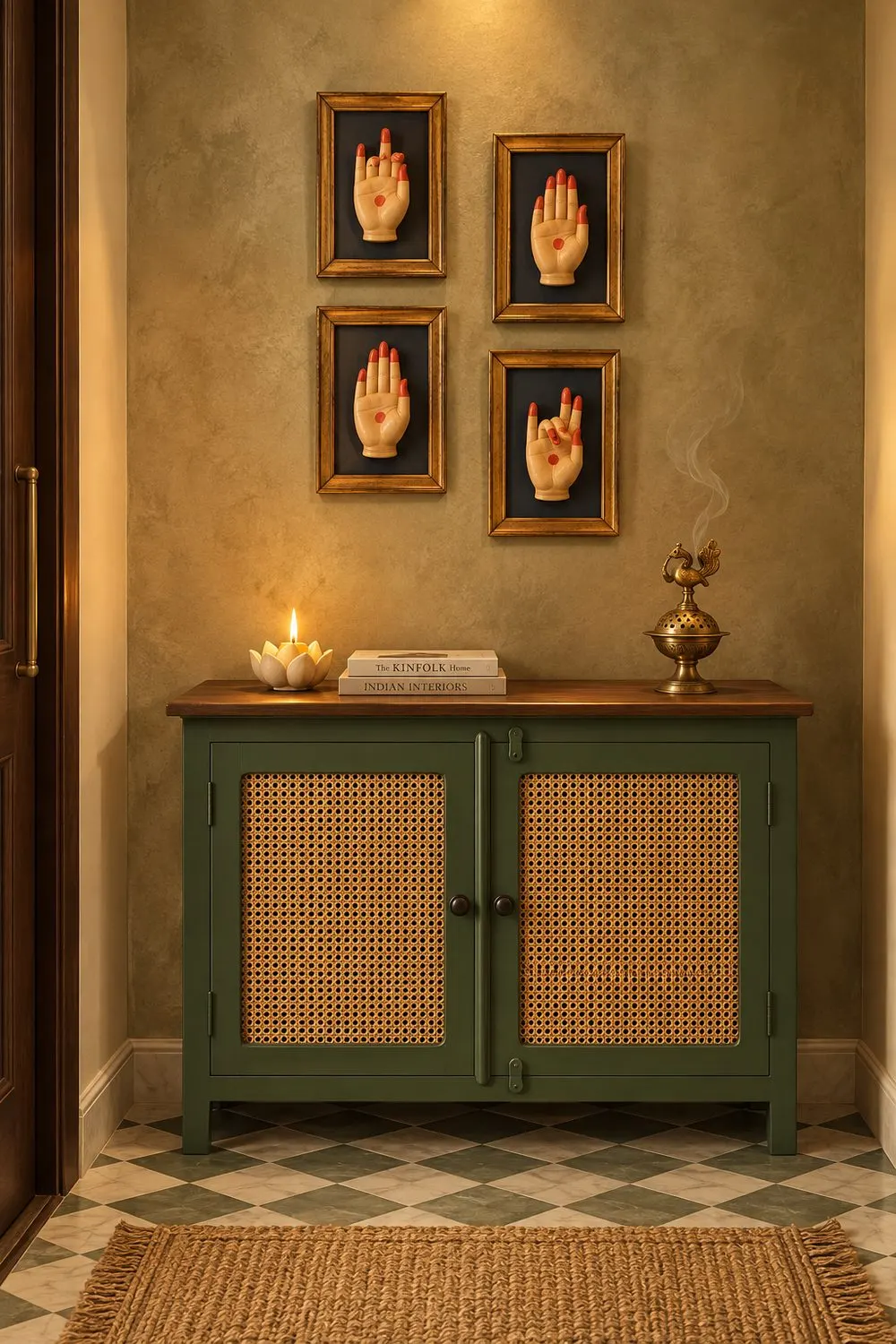 Entryway with framed mudra hands, a green cane cabinet, brass incense burner and marble lotus tealight holder