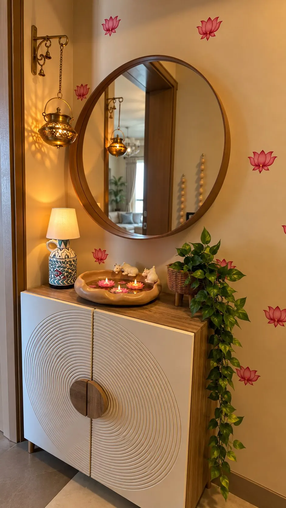 Entryway with a round wooden mirror, ridged white cabinet, blue pottery lamp, hanging brass lantern, lotus wall decals and an urli with floating lotus candles