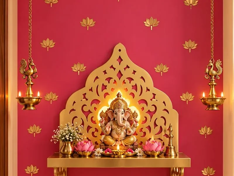 A pink wall with gold lotus decals and a gold wall-mounted mandir holding Ganesh