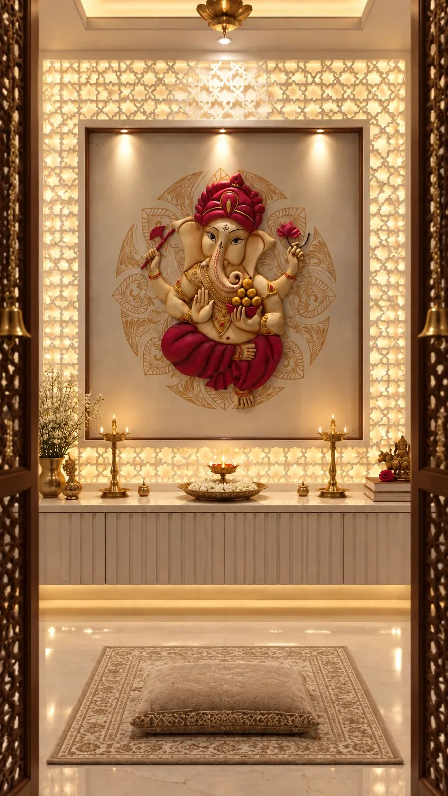 The same panel with the backlighting switched on, glowing through the jaali
