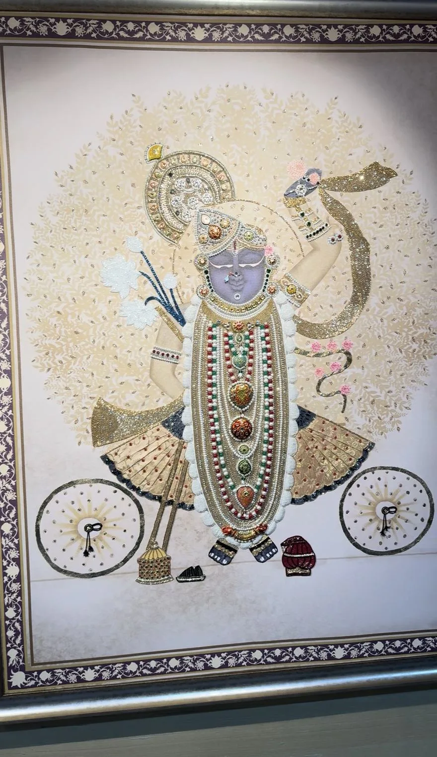 Framed Shrinathji artwork hand-embroidered with pearls, beads, sequins and metallic thread