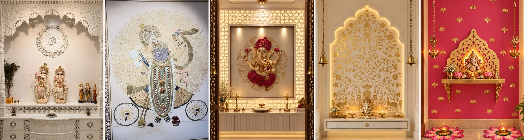 Five mandir styles side by side — carved marble, embroidered art, backlit Corian, hand-painted gold and a DIY pink and gold corner