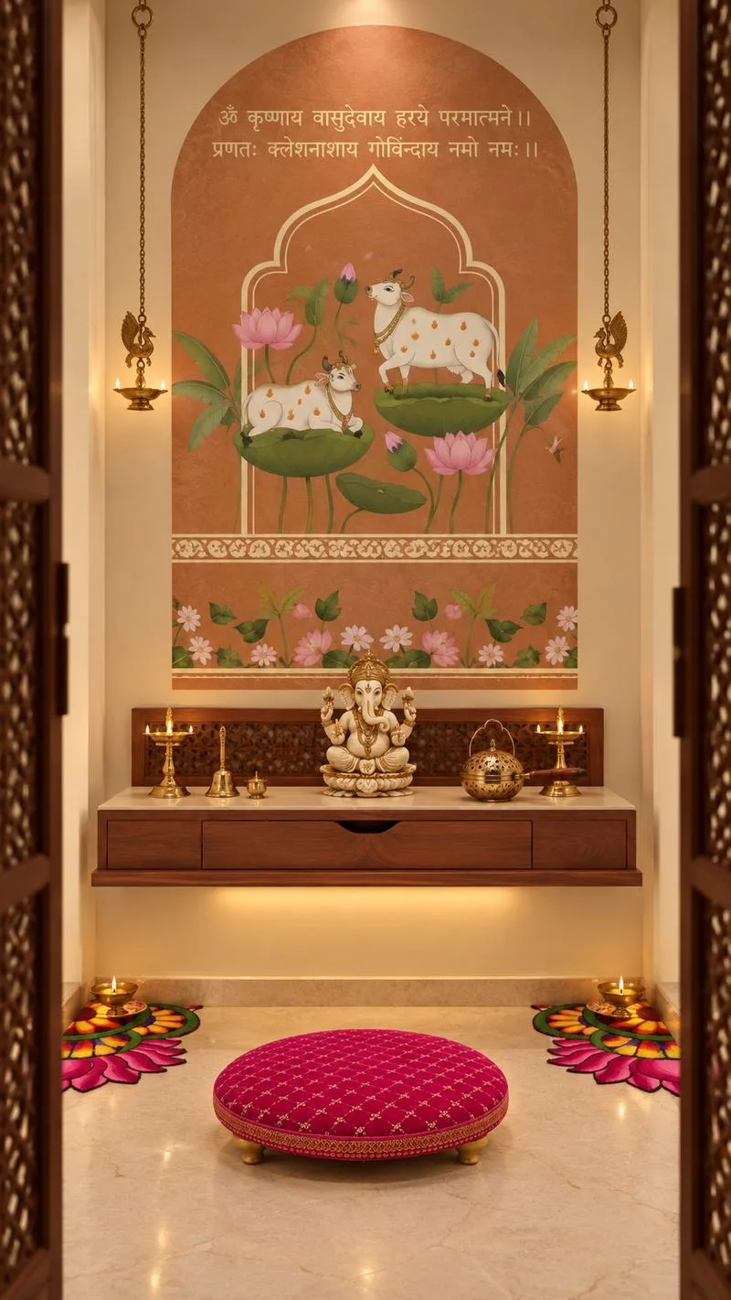 Terracotta wall with a hand-painted pichwai arch, wooden floating mandir unit, brass diyas and a pink velvet pouffe