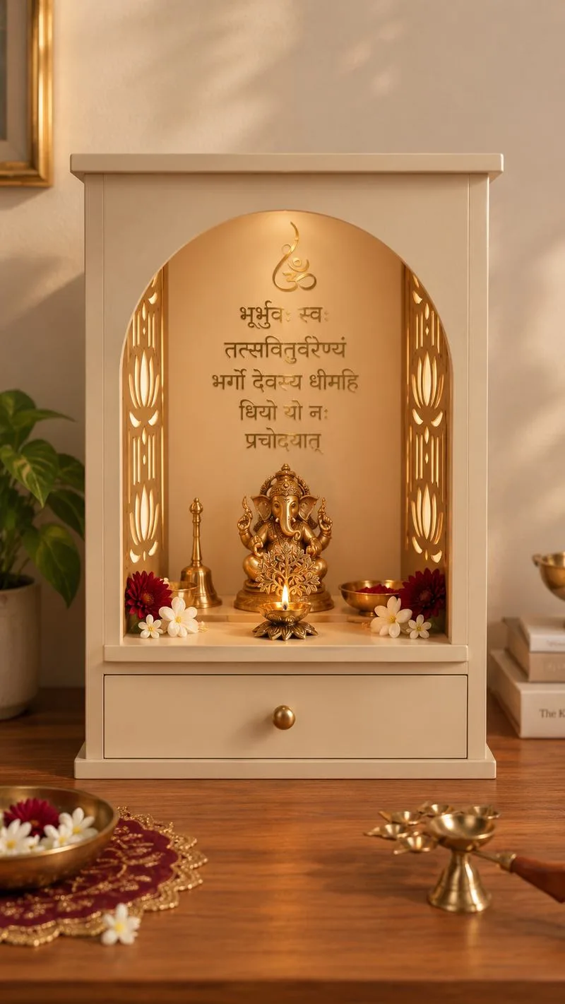 Small cream tabletop mandir cabinet with a backlit Gayatri mantra panel, brass Ganesh and diya
