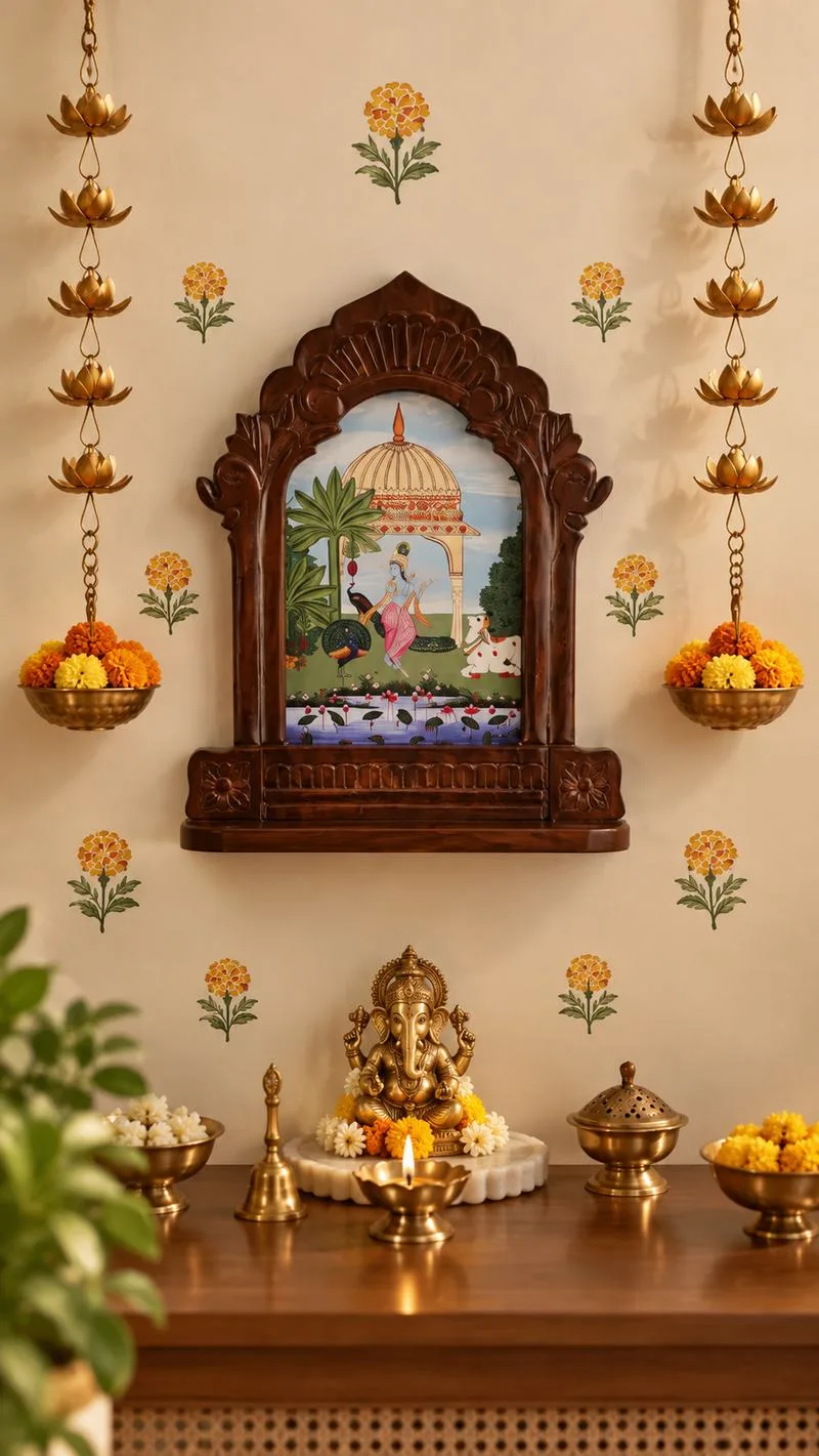 Carved wooden jharokha frame holding a pichwai painting, with marigold wall decals and hanging brass lotus chains