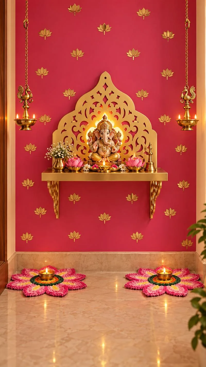 Pink wall with gold lotus decals, a laser-cut gold backdrop panel and a brass wall shelf holding Ganesh