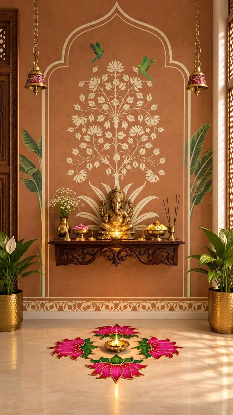 Terracotta wall with a cream stencilled tree motif, carved wooden ledge, brass Ganesh and a rangoli below