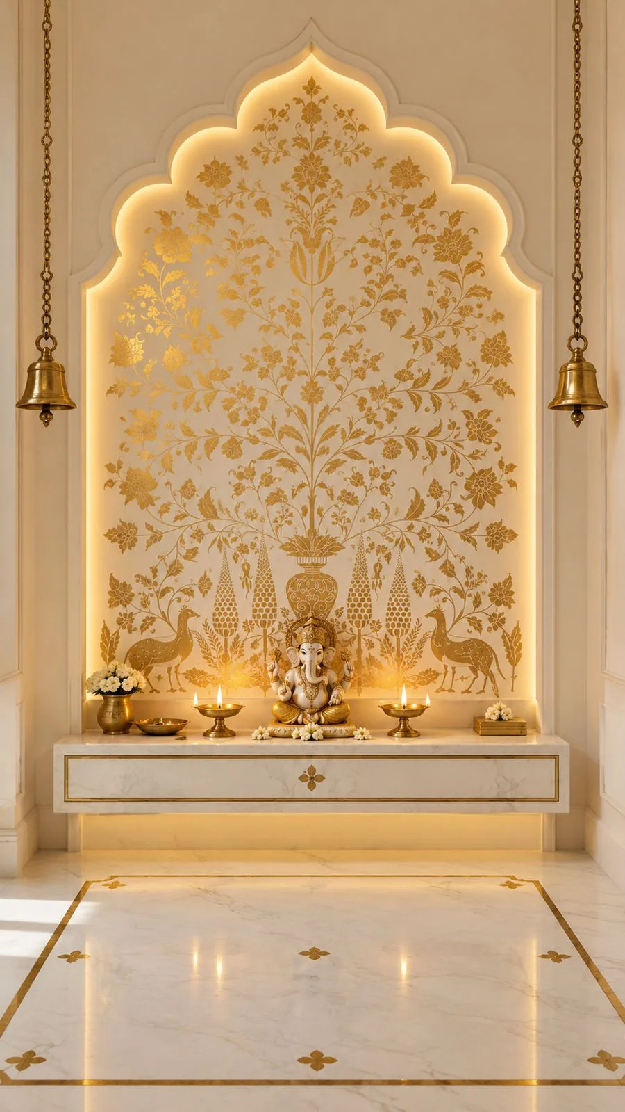 Cusped arch niche painted with gold floral work on cream, lit from behind, with brass bells on either side