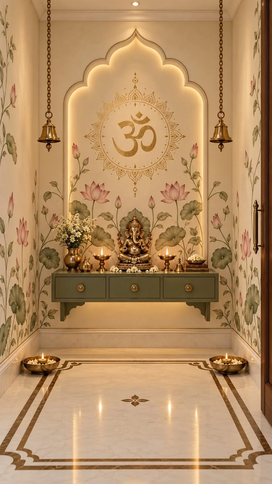 Cream walls hand-painted with lotus stems and leaves, a gold om medallion in the arch and a green console below