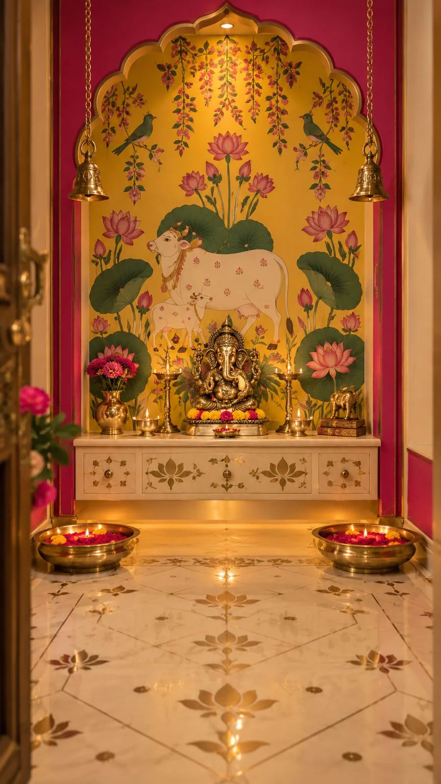 Pichwai-style hand-painted mandir backdrop with cows, lotuses and birds on a yellow ground, framed in pink
