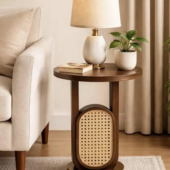 Round cane side table