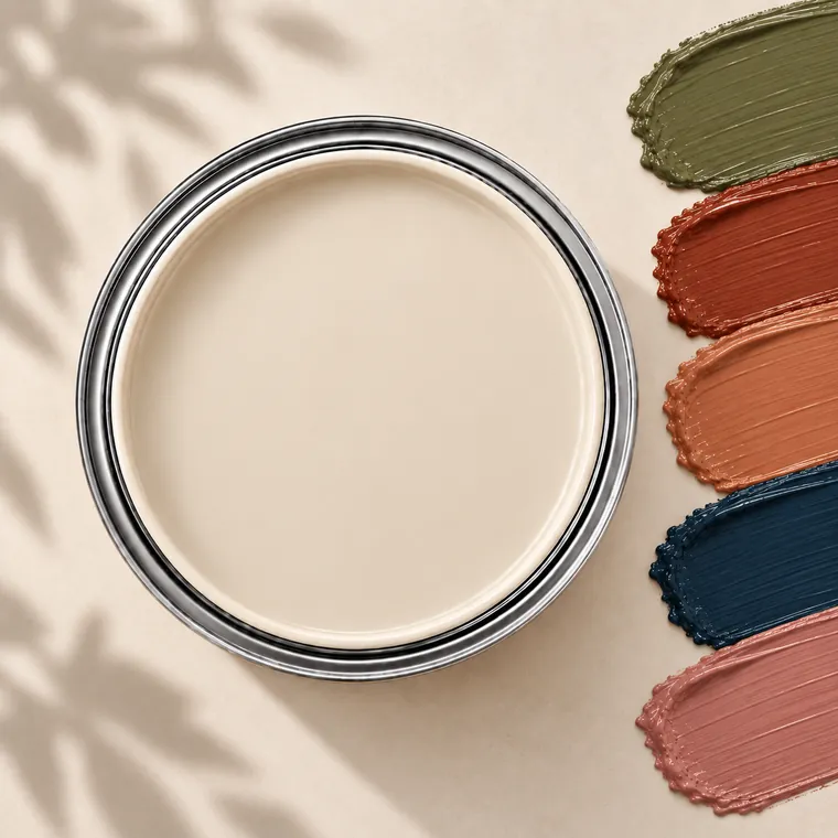 Beige paint tin with accent colour swatches: Olive, Rust, Terracotta, Navy, Dusty rose