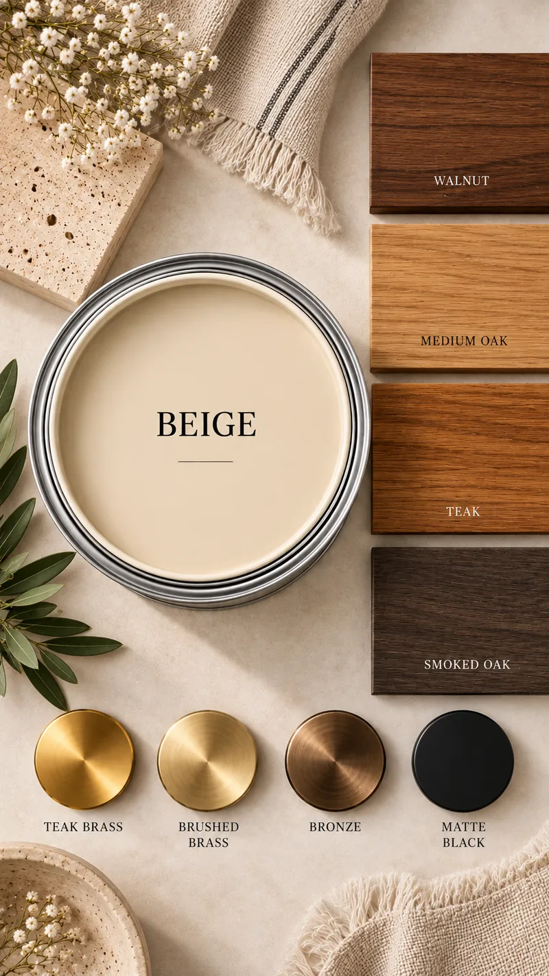 Beige paint with the woods and metal finishes that suit it: Walnut, Medium oak, Teak, Smoked oak; Satin brass, Brushed brass, Bronze, Matte black