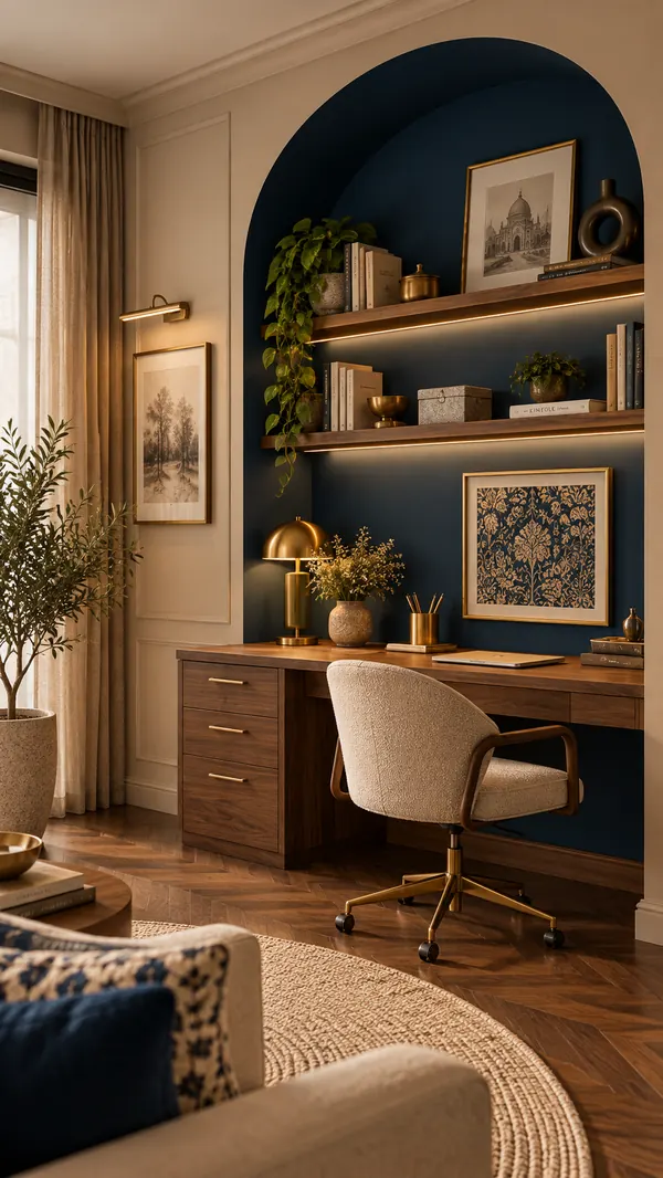 Study with beige walls and a midnight blue arched alcove holding a walnut desk and brass lamp