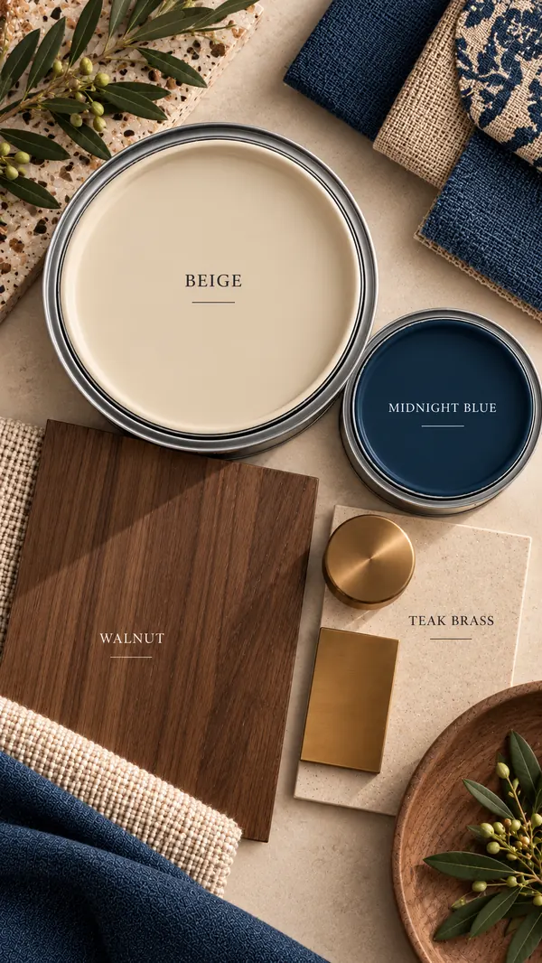 Beige and midnight blue paint with walnut and brass