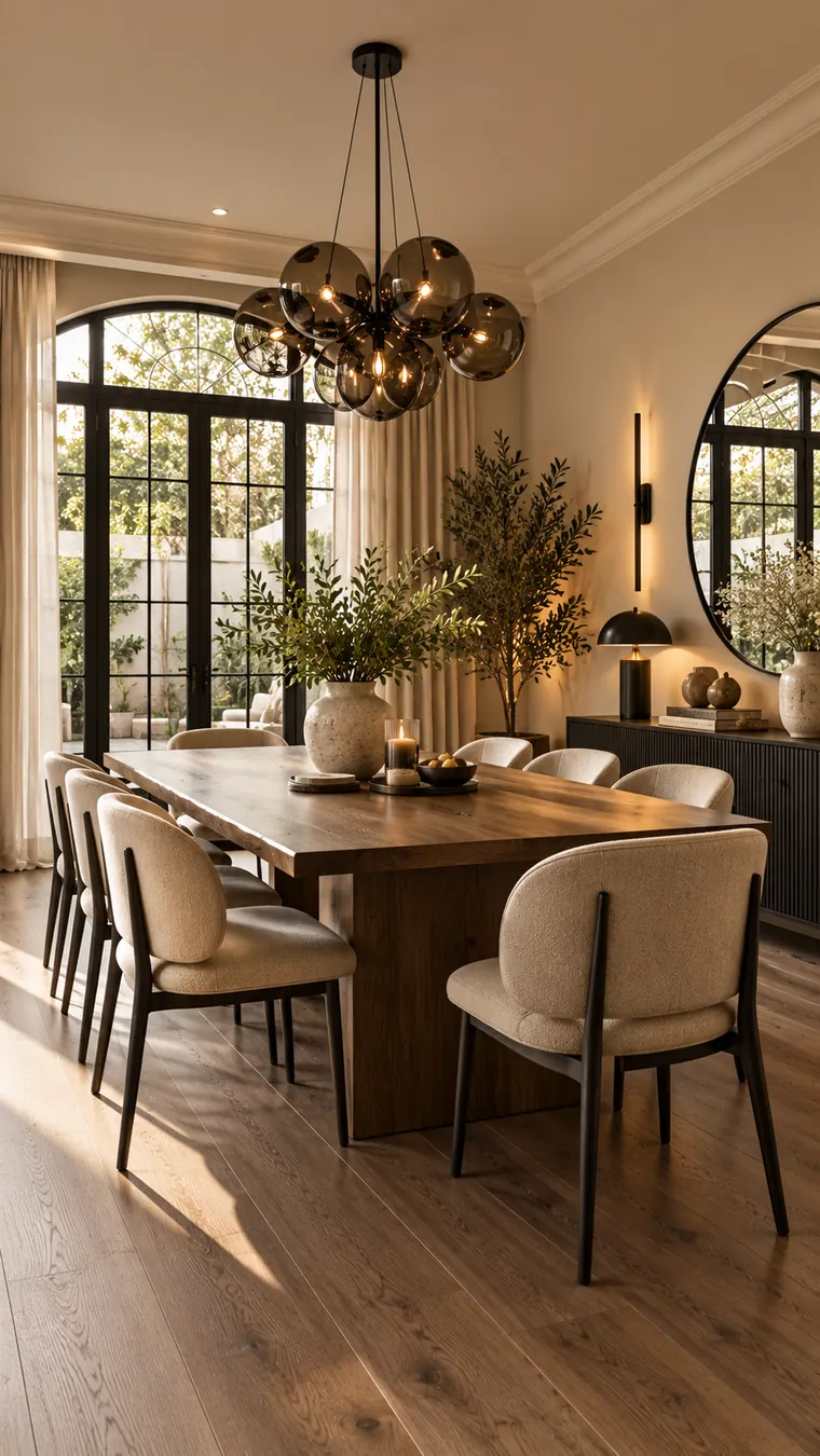 Dining room with warm beige walls, a solid walnut table, cream chairs on black legs and a smoked-glass chandelier