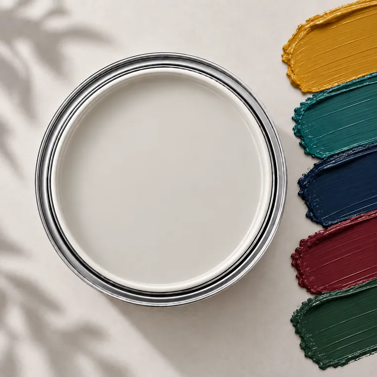 Light grey paint tin with accent colour swatches: Mustard, Teal, Navy, Burgundy, Forest green