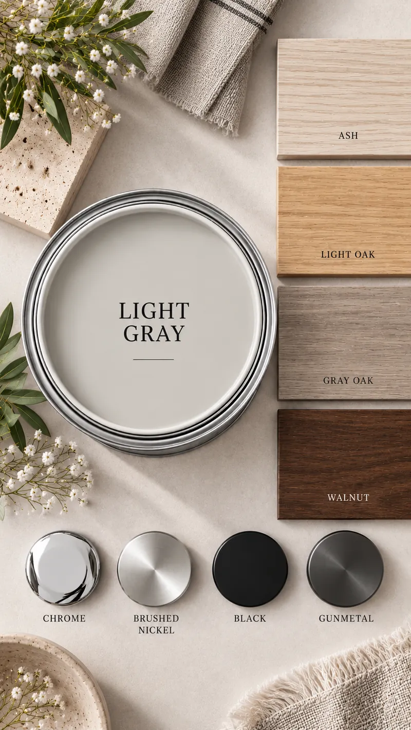 Light grey paint with the woods and metal finishes that suit it: Ash, Light oak, Grey oak, Walnut; Chrome, Brushed nickel, Black, Gunmetal