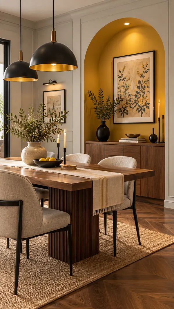 Dining room with light grey panelled walls, a mustard arched niche, walnut table and black pendant lights