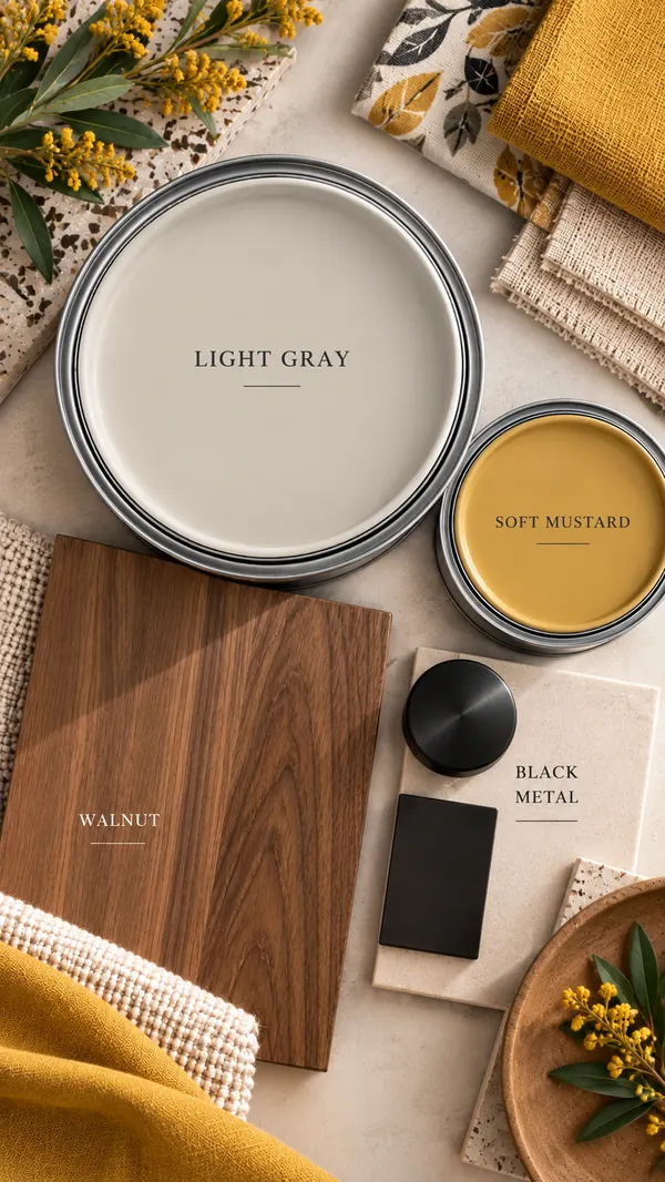 Light grey and soft mustard paint with walnut and black metal