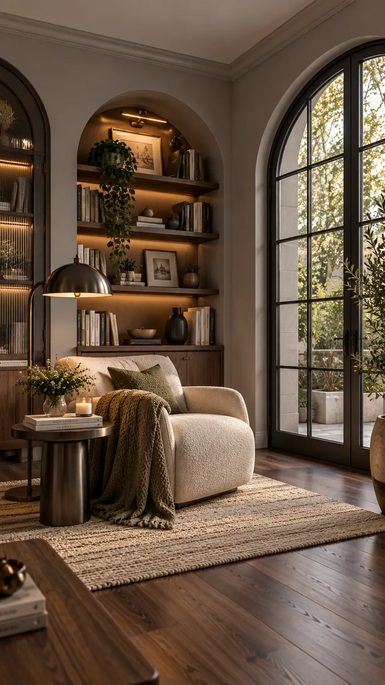 Reading corner with pale grey walls, a lit walnut niche, cream armchair, bronze floor lamp and black steel windows