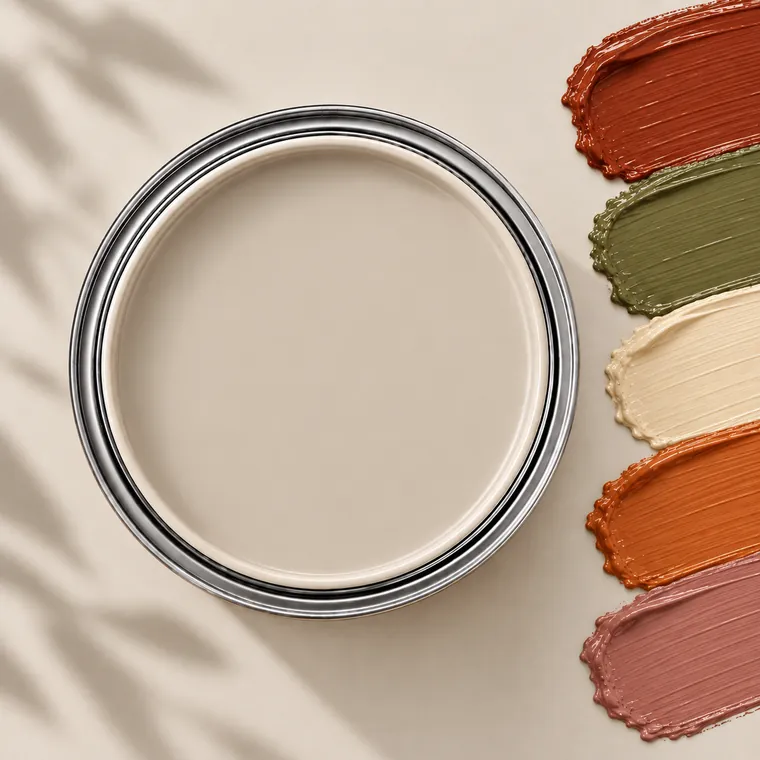 Light taupe paint tin with accent colour swatches: Rust, Olive, Cream, Burnt orange, Dusty rose