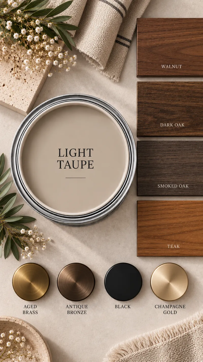Light taupe paint with the woods and metal finishes that suit it: Walnut, Dark oak, Smoked oak, Teak; Aged brass, Antique bronze, Black, Champagne gold