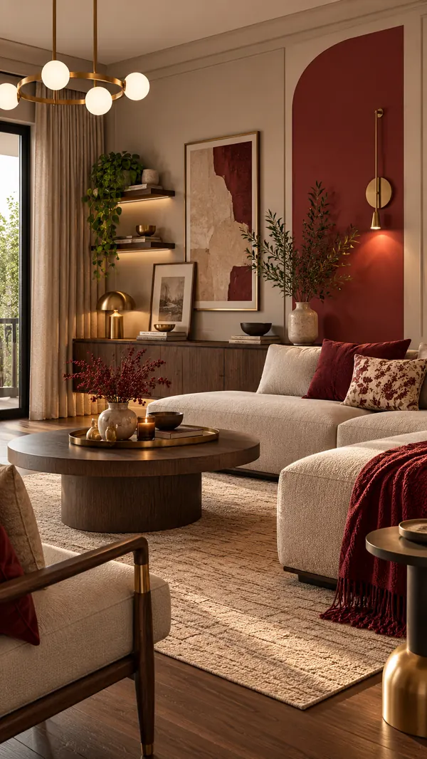 Living room with light taupe walls, a dull red arched feature panel, cream sofa and brass lighting