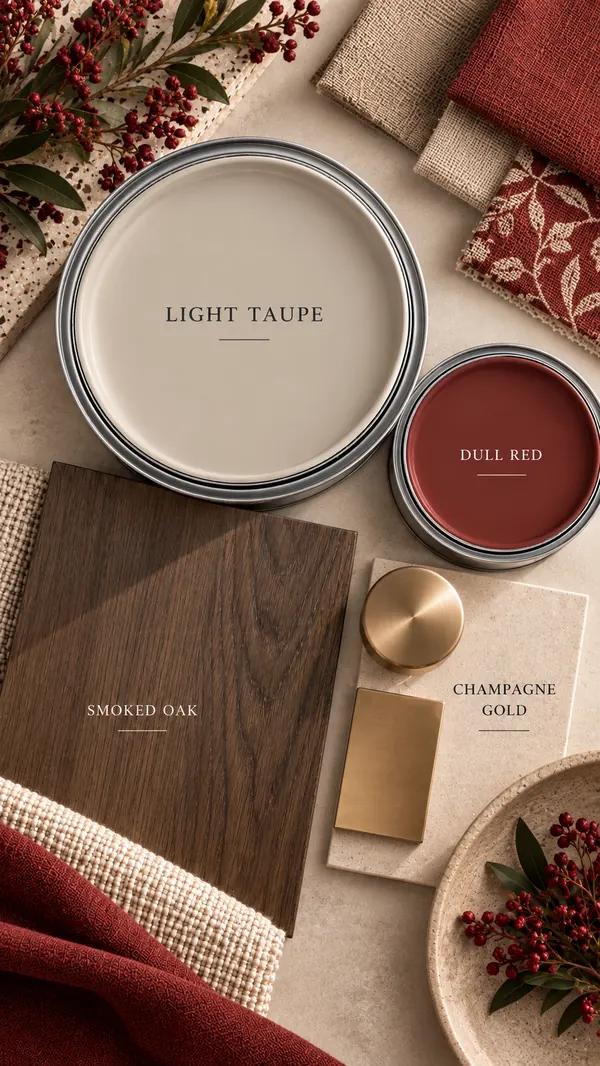 Light taupe and dull red paint with smoked oak and champagne gold