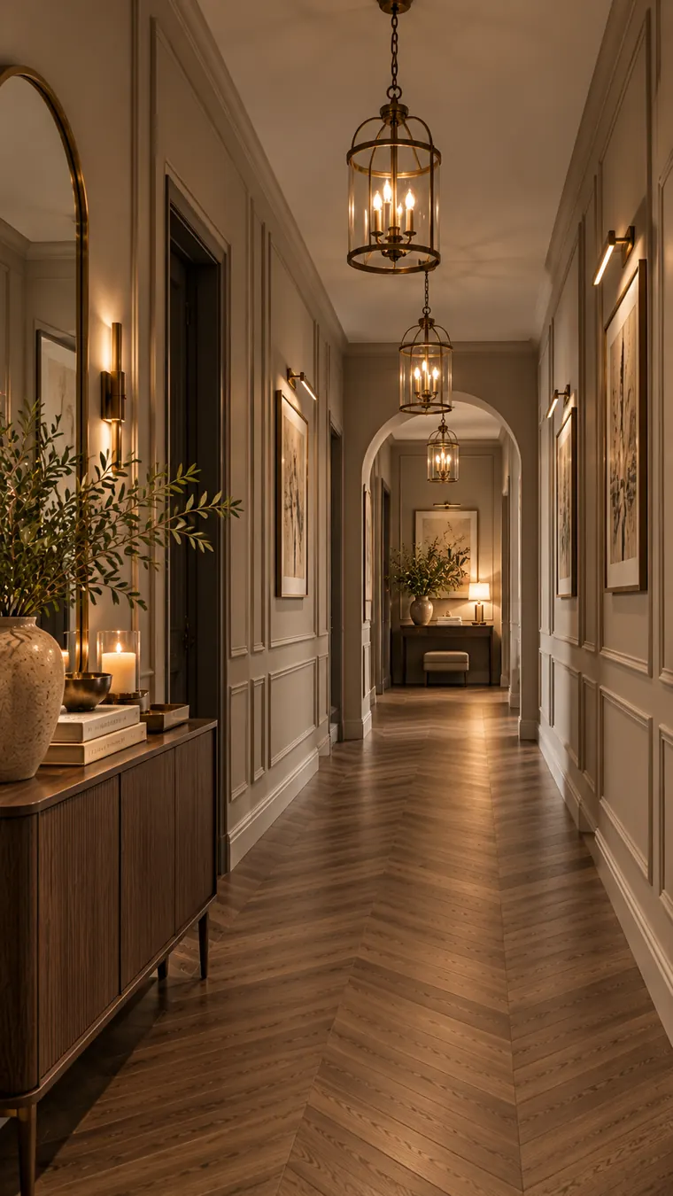 Hallway with taupe panelled walls, walnut herringbone floor, brass lanterns and sconces