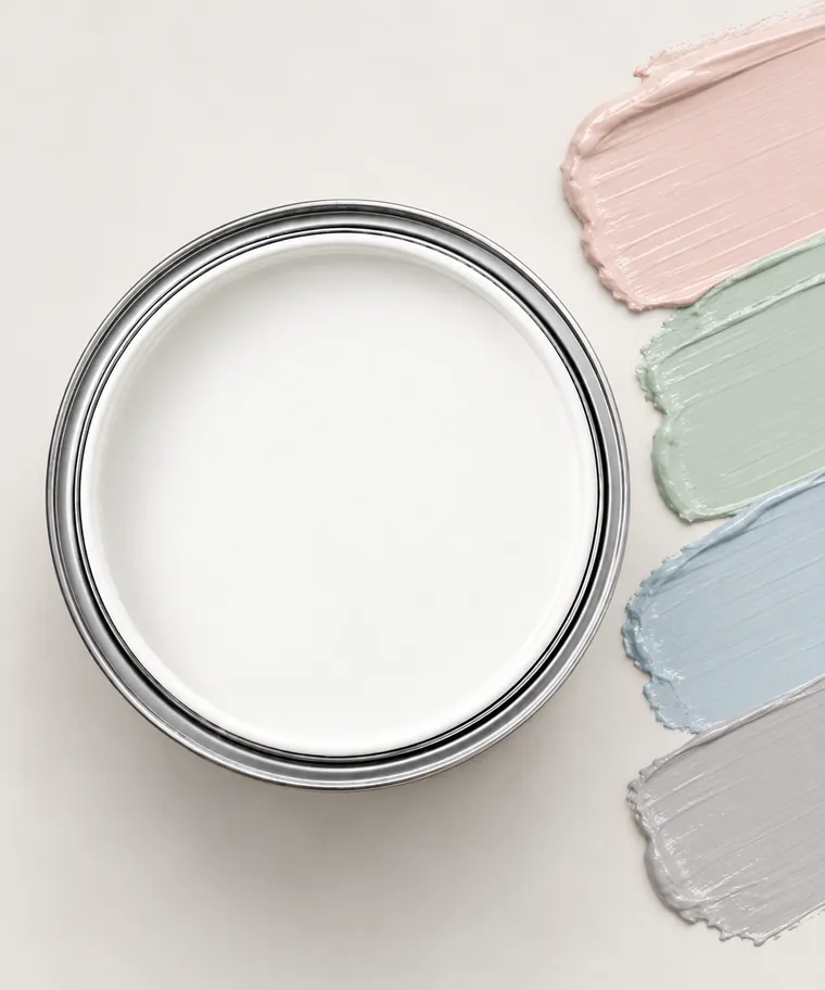 Pure white paint tin with accent colour swatches: Blush, Sage, Powder blue, Dove grey