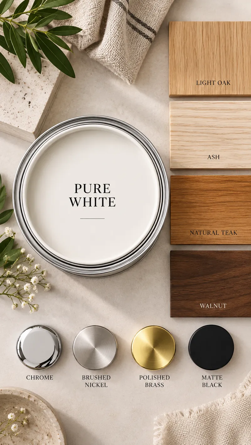 Pure white paint with the woods and metal finishes that suit it: Light oak, Ash, Natural teak, Walnut; Chrome, Brushed nickel, Polished brass, Matte black
