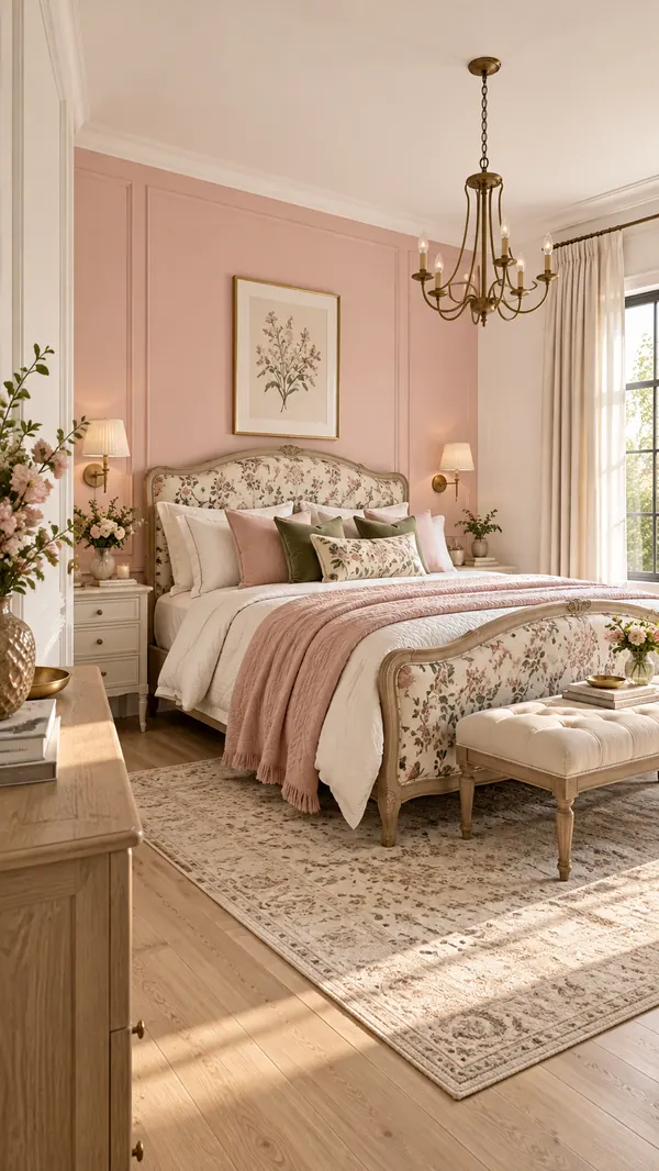 Bedroom with a blush pink panelled wall, white trim, floral upholstered bed and brass chandelier