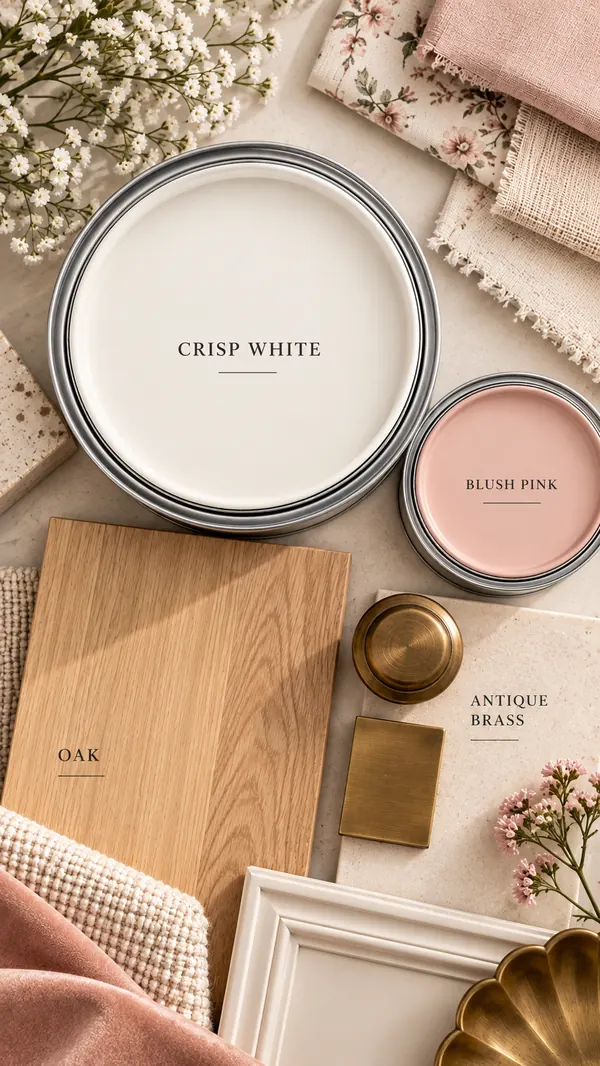 Pure white and blush pink paint with oak and antique brass