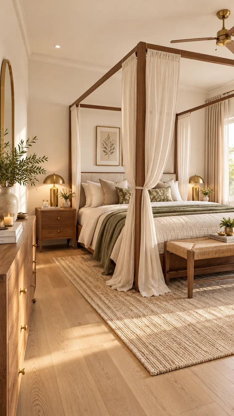 Bedroom with white walls, a walnut four-poster bed, light oak floor, brass lamps and sage bedding